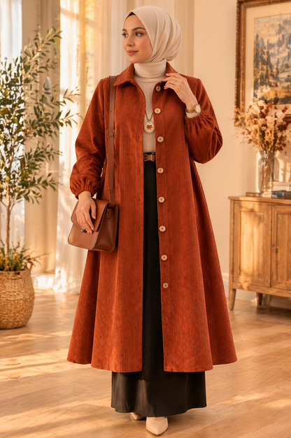 Chemise Longue en Velours Côtelé – Rouille