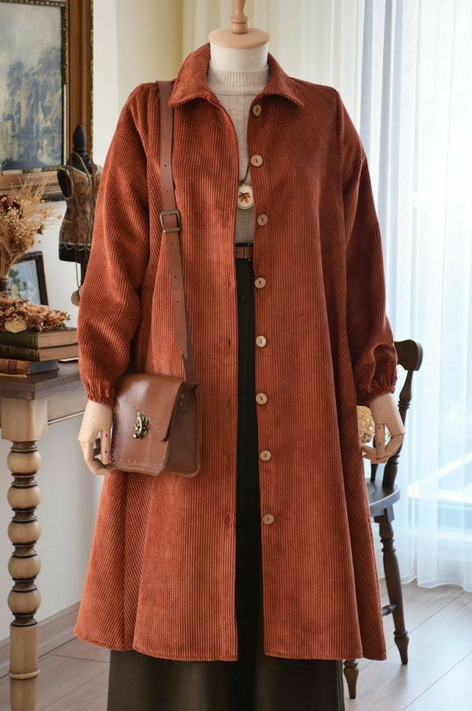 Chemise Longue en Velours Côtelé – Rouille